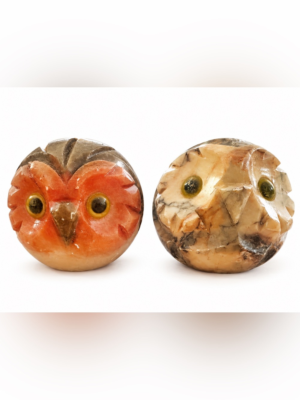 Vintage MCM Italian Alabaster Owl Pair Hand Carved Glass Eyes Italy